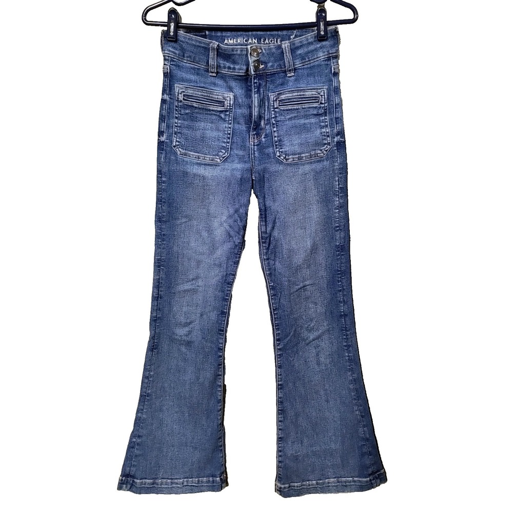 American Eagle Super Hi Rise Flare Jeans 2 Womens Stretch BOHO Hippie High Waist